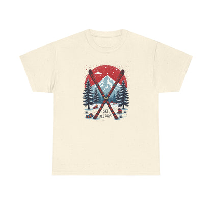 Ski All Day T-Shirt – Vintage Mountain Skis, Trees & Snow Graphic