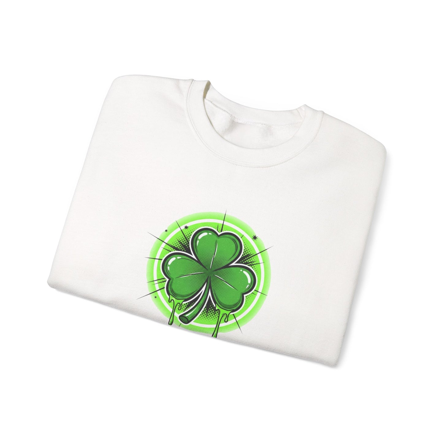 Oozing with Luck, Four-Leaf Clover Crewneck Sweatshirt — Neon Lucky Shamrock St. Patrick’s Day Pullover