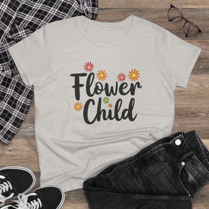 Flower Child Women's Midweight Cotton Tee - Boho Vintage Style Shirt for Everyday Wear - Psychonaut Swag