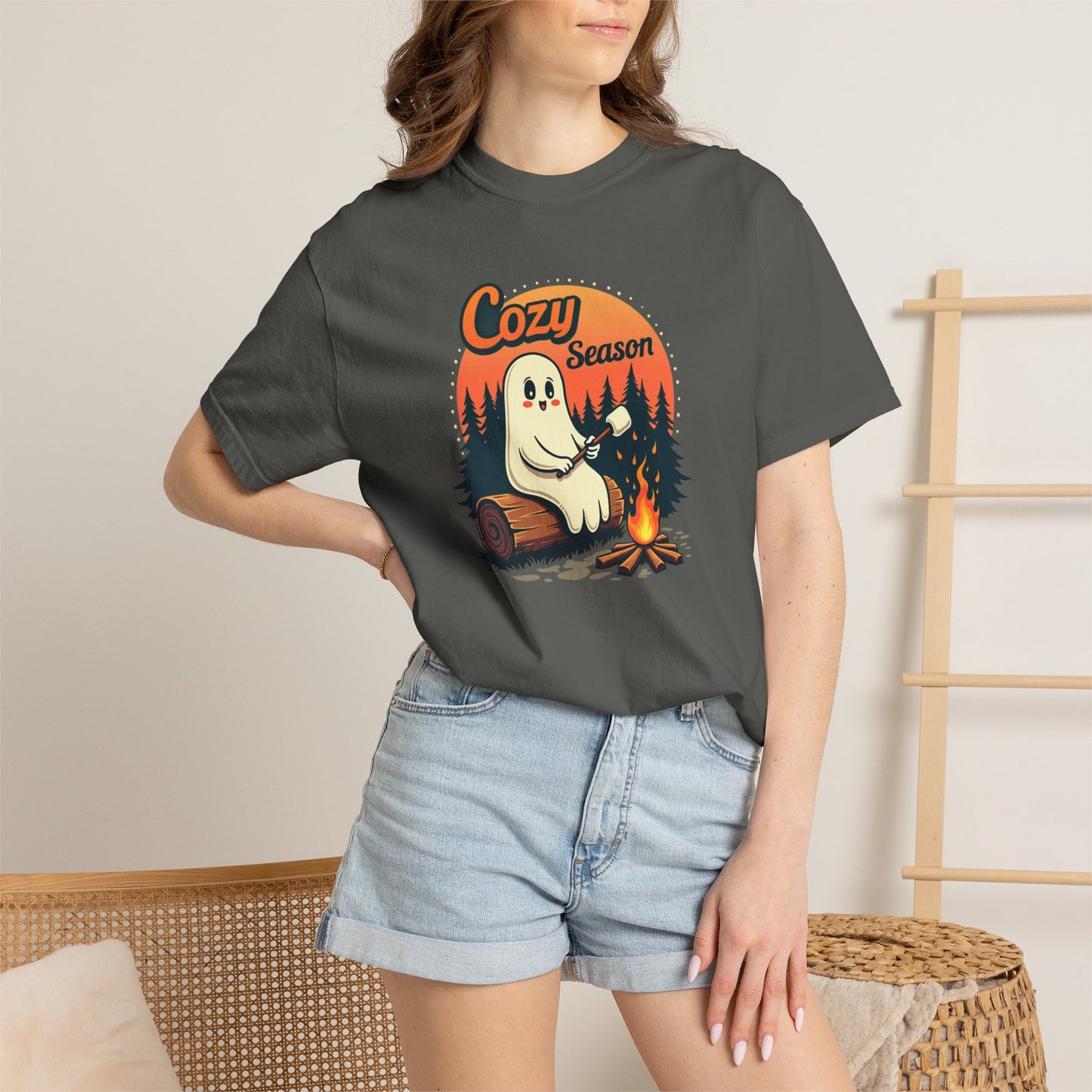 Cozy Season Ghost Tee — Campfire Autumn Graphic T-Shirt