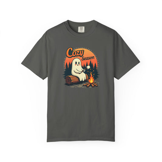 Cozy Season Ghost Tee — Campfire Autumn Graphic T-Shirt
