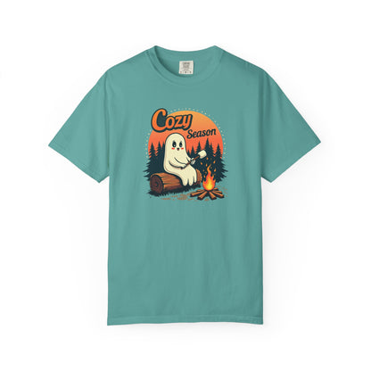 Cozy Season Ghost Tee — Campfire Autumn Graphic T-Shirt