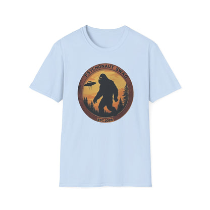 Bigfoot and UFO, Unisex Softstyle T-Shirt, Trendy Graphic Tee, Funny Bigfoot Shirt, Adventure Apparel, Gift for Nature Lovers