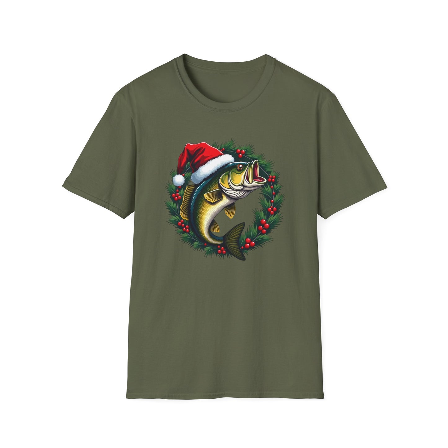 Christmas Wreath Bass Fishing T-Shirt — Santa Hat Fish Holiday Tee