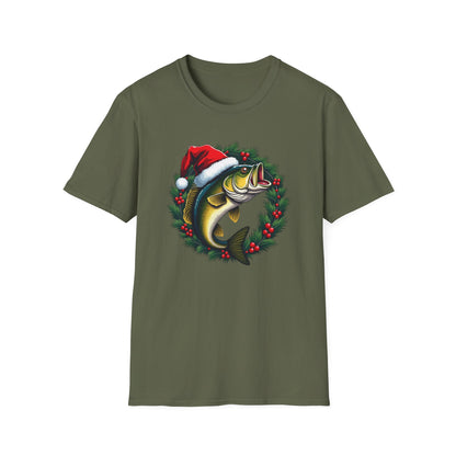 Christmas Wreath Bass Fishing T-Shirt — Santa Hat Fish Holiday Tee