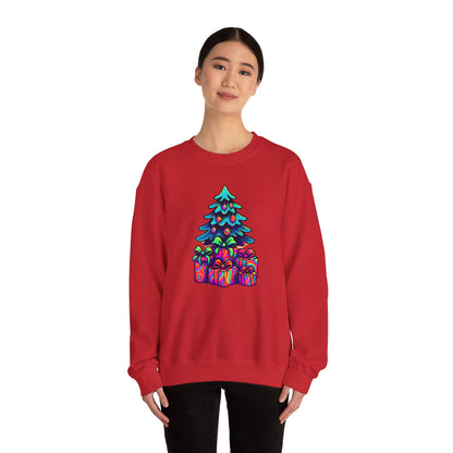 Psychedelic Christmas Tree Sweatshirt — Colorful Holiday Tree with Gifts Crewneck