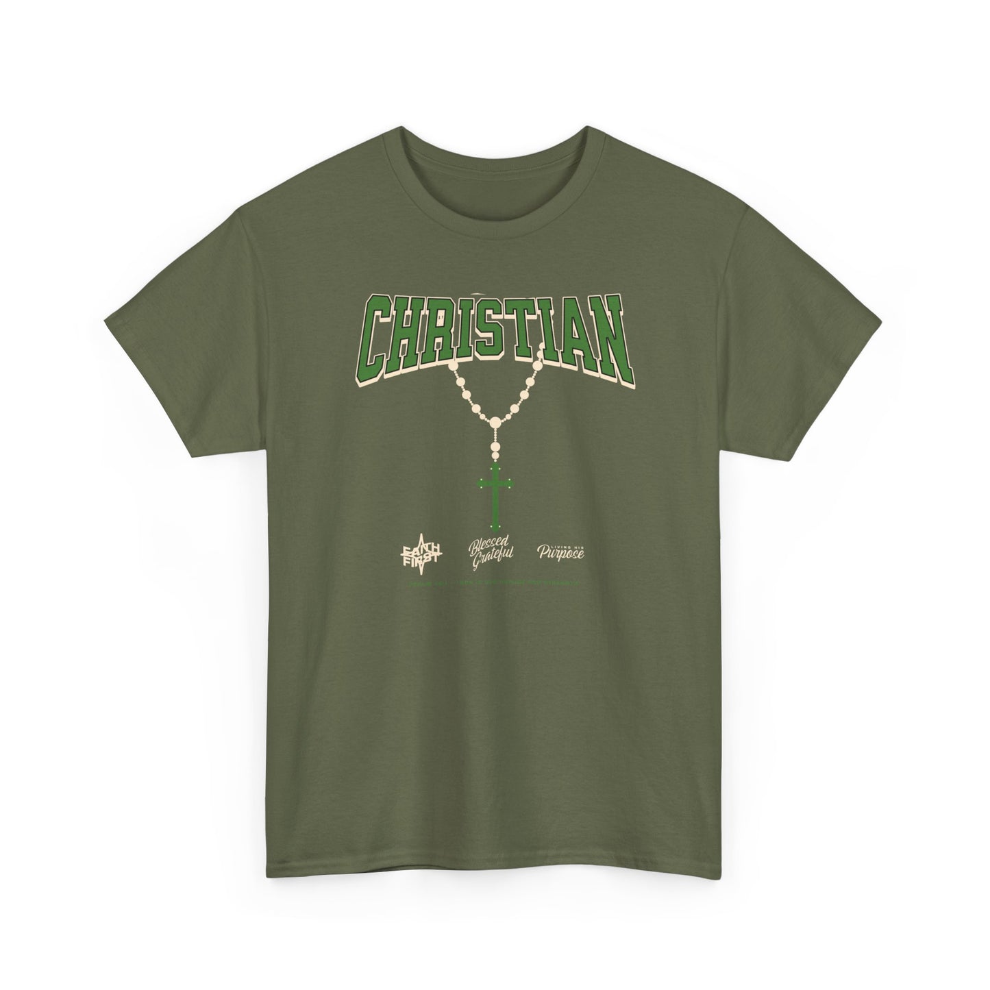 Christian Graphic Tee — Green Rosary Cross Shirt