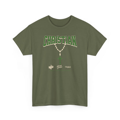 Christian Graphic Tee — Green Rosary Cross Shirt