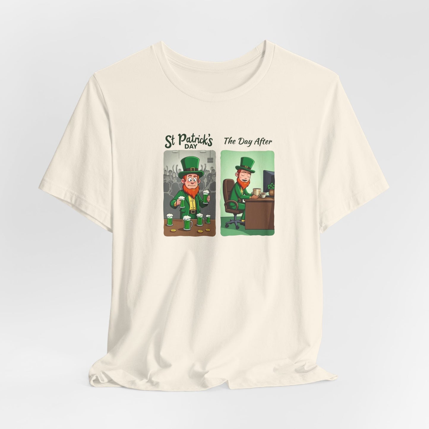 St. Patrick's Day Leprechaun Funny Cartoon T-Shirt — "St. Patrick's Day / The Day After" Tee