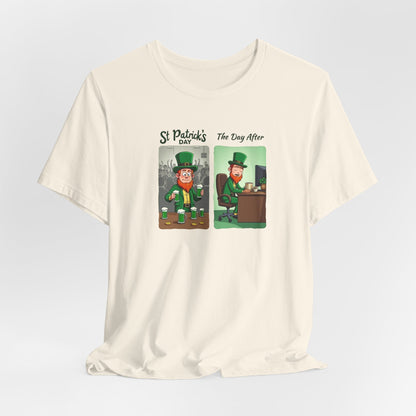 St. Patrick's Day Leprechaun Funny Cartoon T-Shirt — "St. Patrick's Day / The Day After" Tee