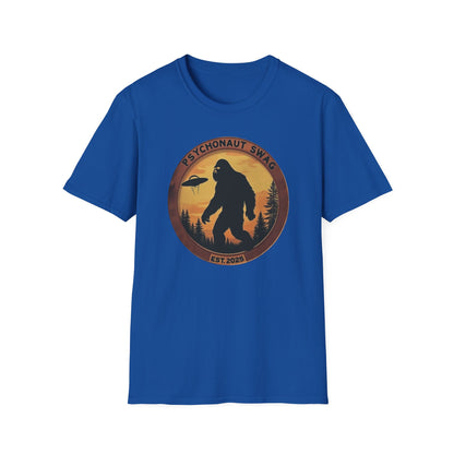Bigfoot and UFO, Unisex Softstyle T-Shirt, Trendy Graphic Tee, Funny Bigfoot Shirt, Adventure Apparel, Gift for Nature Lovers