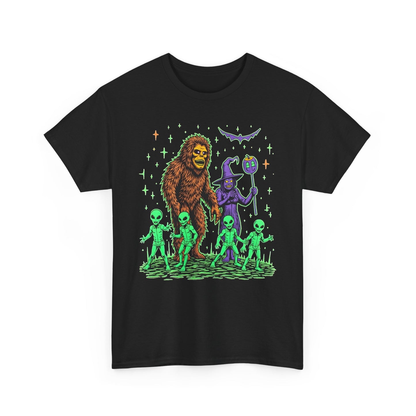 Bigfoot & Aliens Halloween Graphic Tee — Retro Neon Sci‑Fi Cryptid Shirt