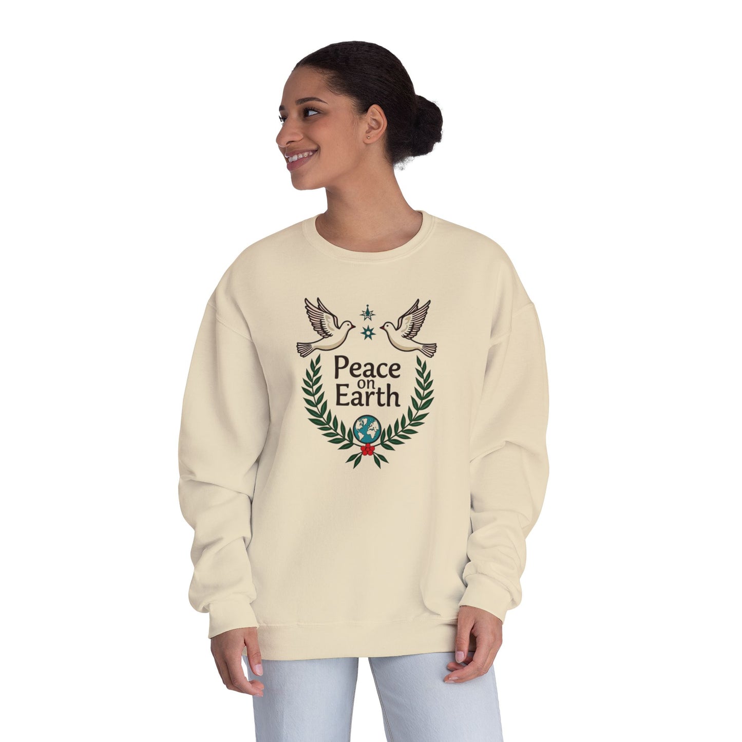 Peace on Earth Crewneck Sweatshirt — Holiday Dove & Laurel Graphic