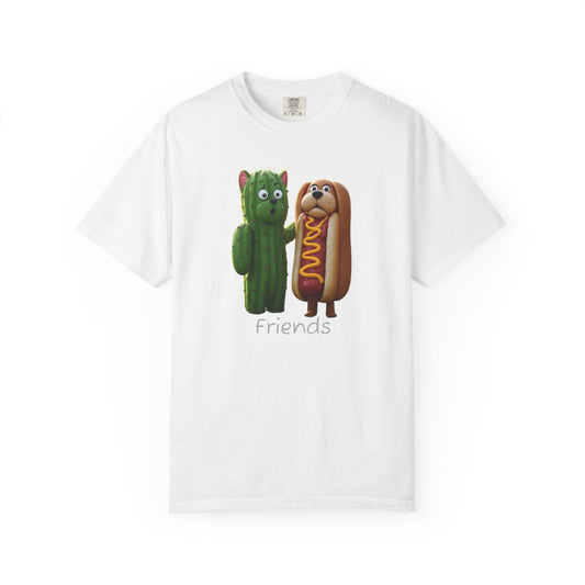 Friends Cactus and Hot Dog, Cartoon T-Shirt, Cute Tee for Kids and Adults, Humorous Gift for Food Lovers, Summer Casual Wear, Birthday Gift