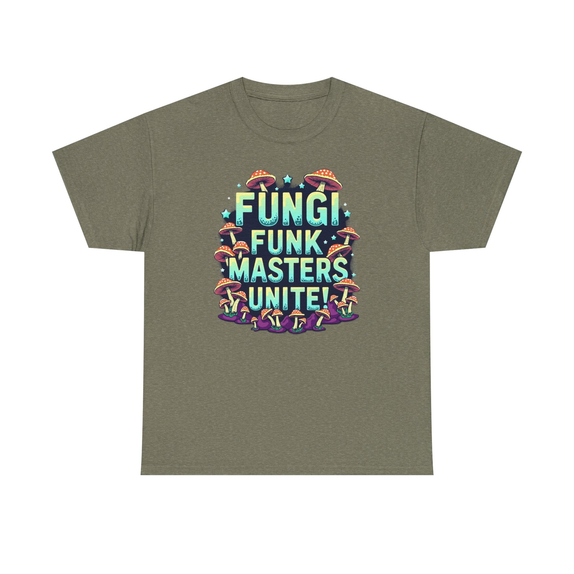 Fungi Funk Masters Unite Unisex Heavy Cotton Tee - Playful Mushroom Graphic T-Shirt - Psychonaut Swag