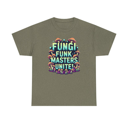 Fungi Funk Masters Unite Unisex Heavy Cotton Tee - Playful Mushroom Graphic T-Shirt - Psychonaut Swag