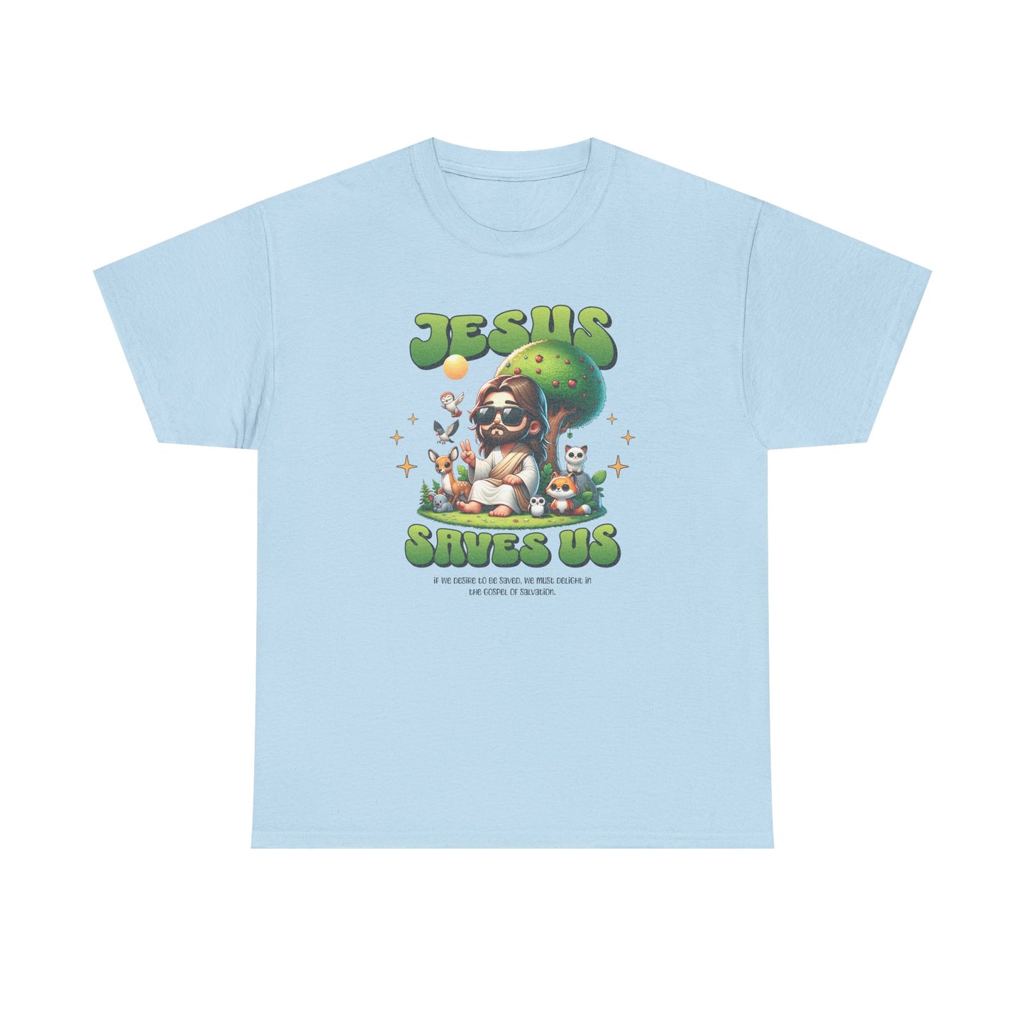 Jesus Saves Us T-Shirt — Cute Retro Jesus with Animals Christian Faith Tee