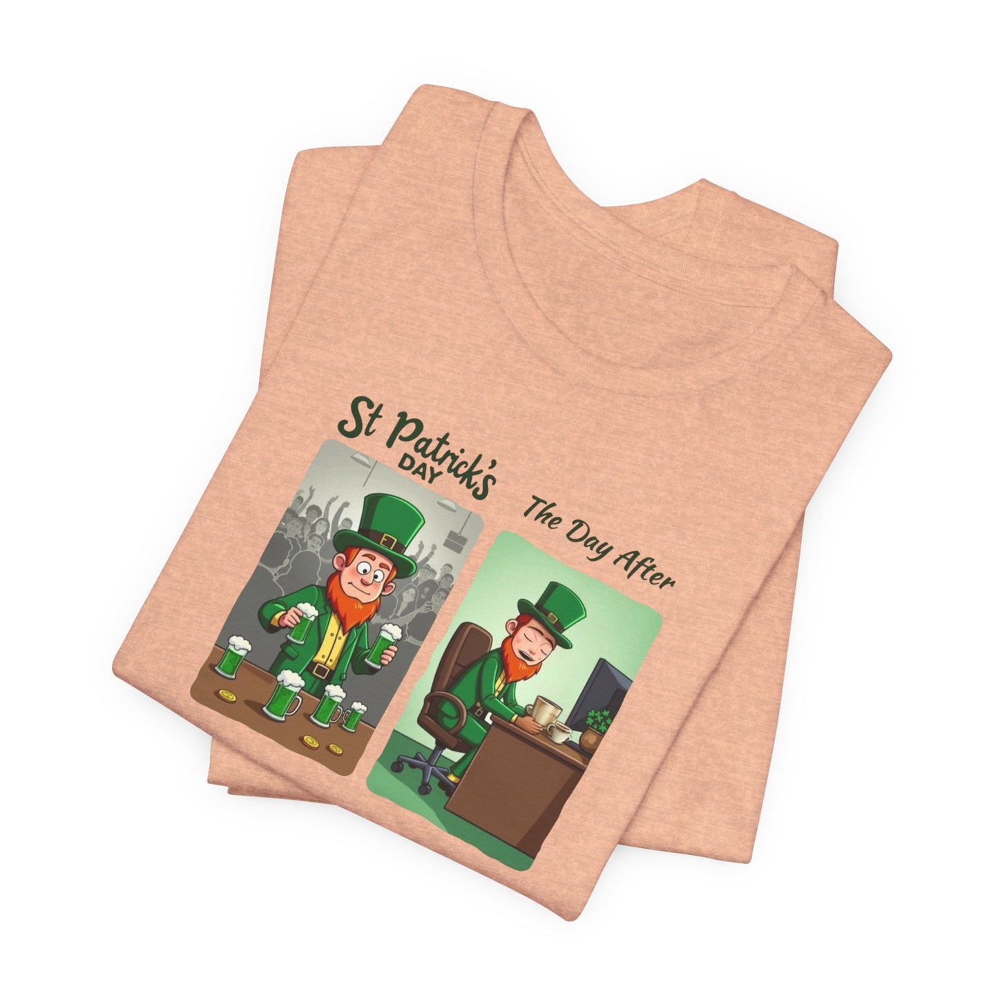 St. Patrick's Day Leprechaun Funny Cartoon T-Shirt — "St. Patrick's Day / The Day After" Tee