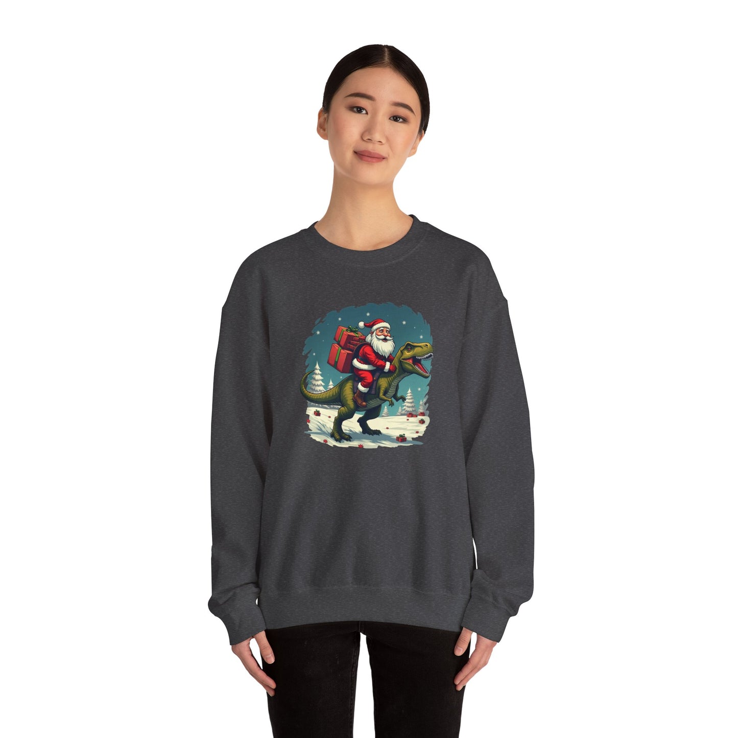 Santa Dashing through on a Dinosaur Sweatshirt — Santa Riding T-Rex Holiday Crewneck