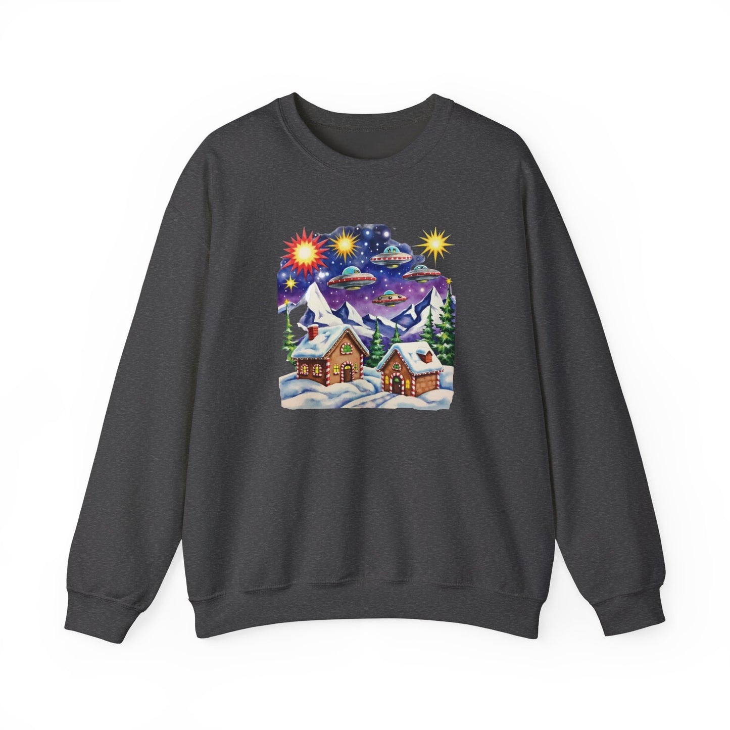 Crewneck Sweatshirt — Cozy Winter Cabin with UFO Nightscape