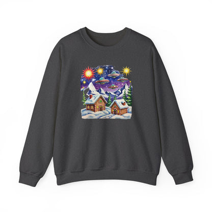Crewneck Sweatshirt — Cozy Winter Cabin with UFO Nightscape