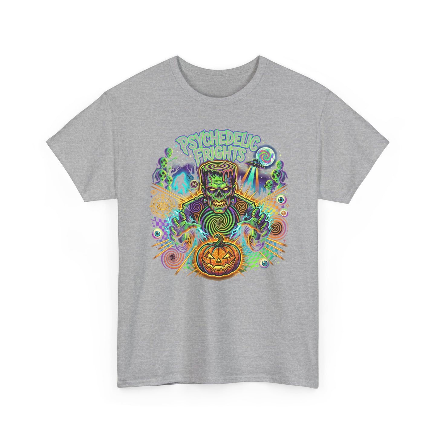 Psychedelic Monsters Halloween Tee — Spooky Pumpkin and Sasquatch Horror Graphic T-Shirt