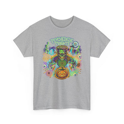 Psychedelic Monsters Halloween Tee — Spooky Pumpkin and Sasquatch Horror Graphic T-Shirt