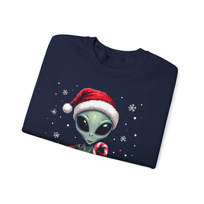 Alien Christmas Sweatshirt — Cute Santa Alien in Candy Cane Sweater