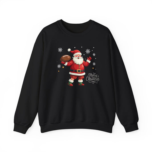 Santa Throwing Football, Christmas Sweatshirt - Jolly Santa with 'Merry Christmas' Graphic
