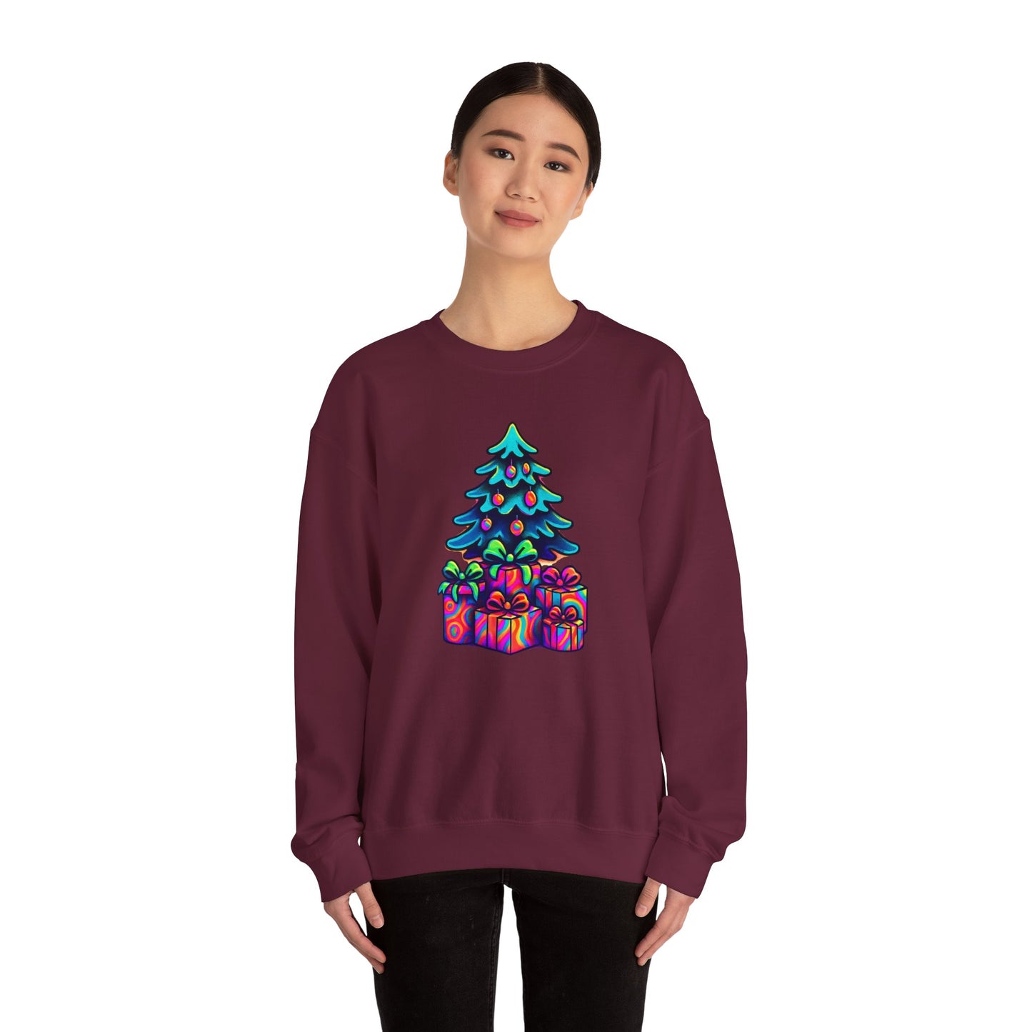 Psychedelic Christmas Tree Sweatshirt — Colorful Holiday Tree with Gifts Crewneck