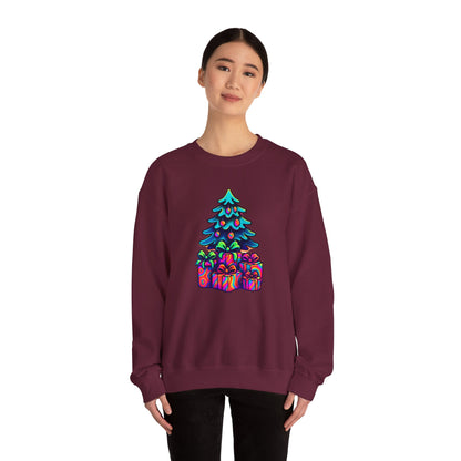 Psychedelic Christmas Tree Sweatshirt — Colorful Holiday Tree with Gifts Crewneck