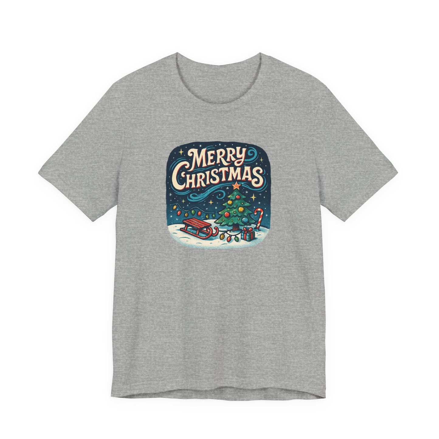 Merry Christmas Tee — Vintage Holiday Tree & Sled Graphic T-Shirt