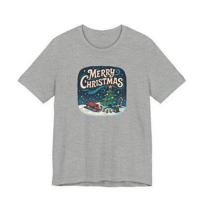 Merry Christmas Tee — Vintage Holiday Tree & Sled Graphic T-Shirt