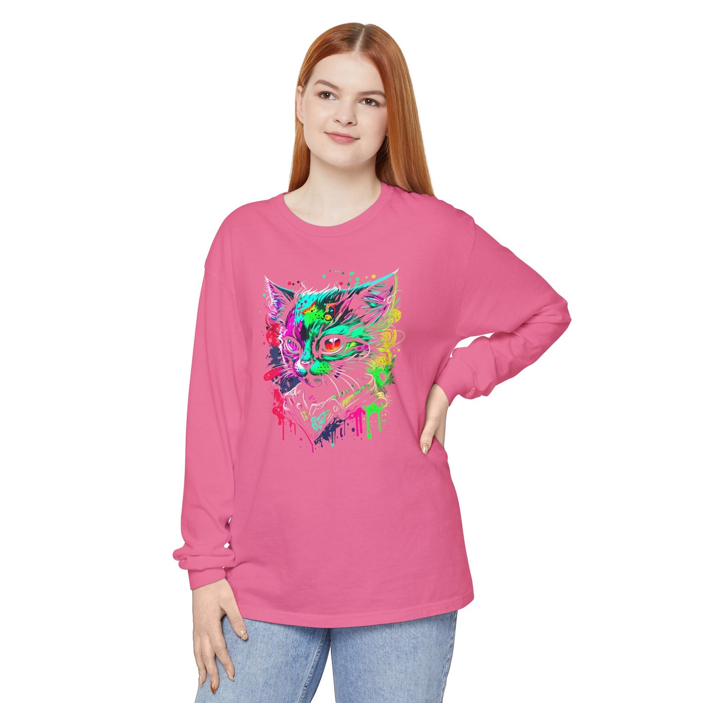 Psychedelic Cat, Unisex Garment-dyed Long Sleeve T-Shirt