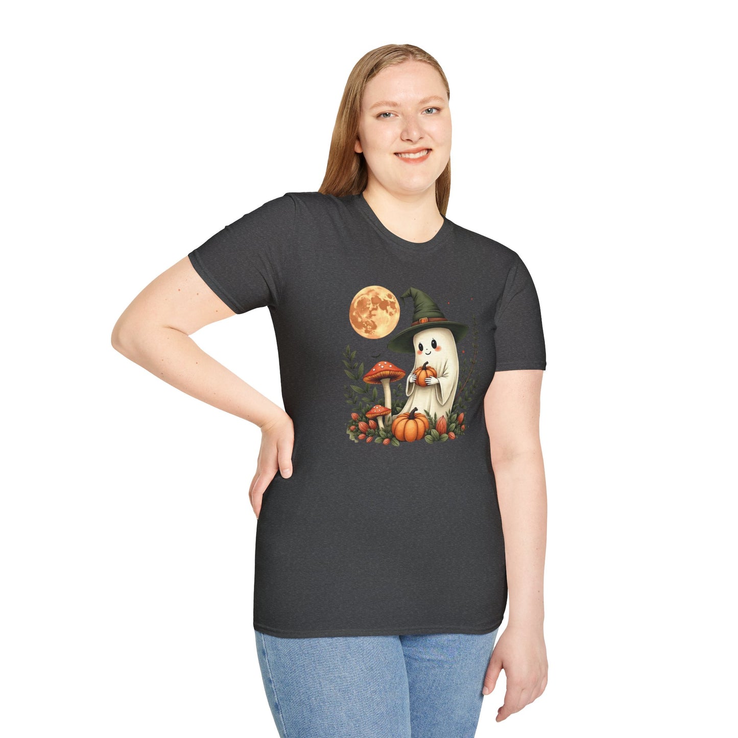 Ghost Witch T‑Shirt — Cute Halloween Moon, Pumpkin & Mushroom Design