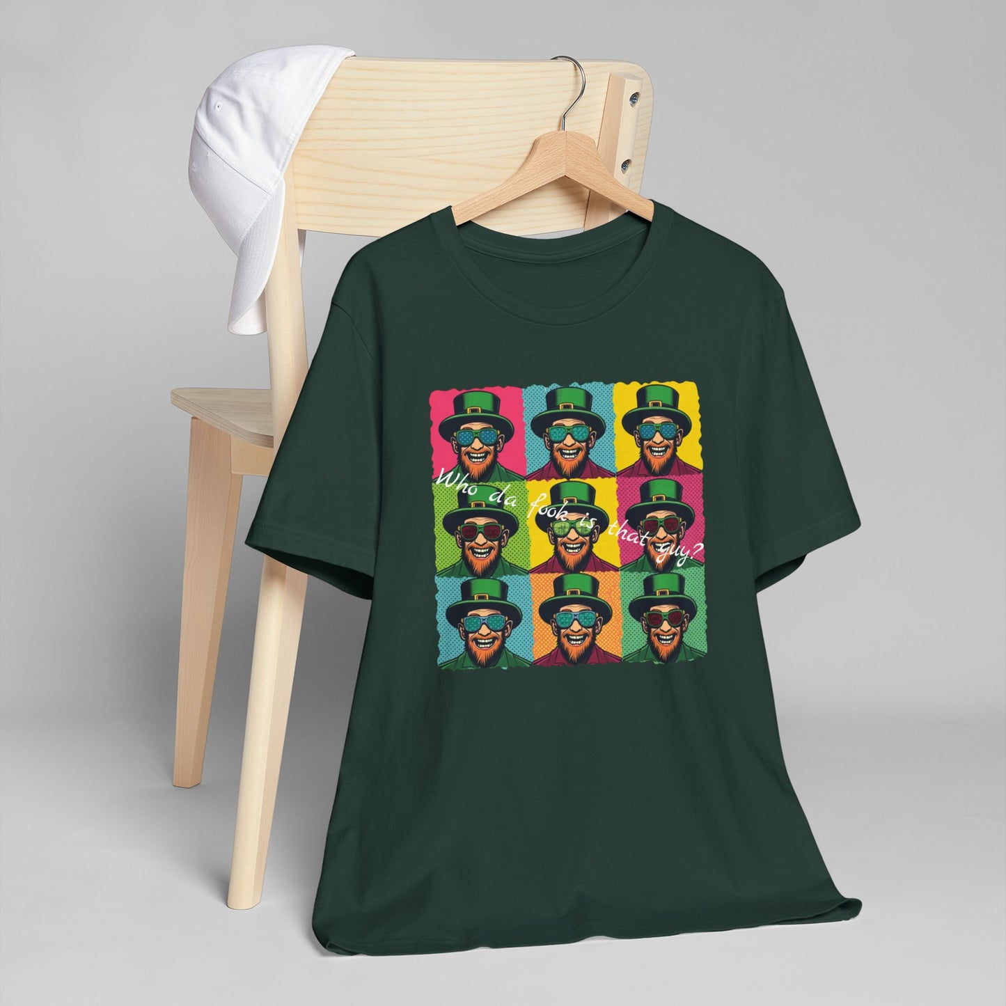 Pop Art Leprechaun, Who da fook is that guy?” T-Shirt — Colorful St. Patrick’s Day Graphic Tee