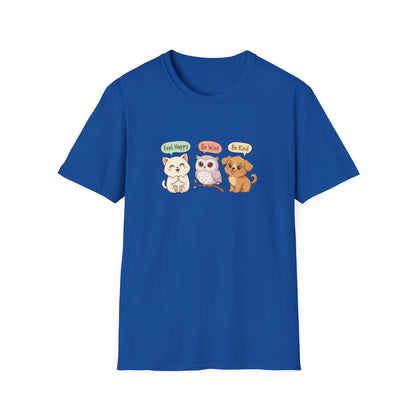 Cute Kawaii Pets T-Shirt — 'Feel Happy, Be Wise, Be Kind' Cartoon Cat Owl Dog Tee