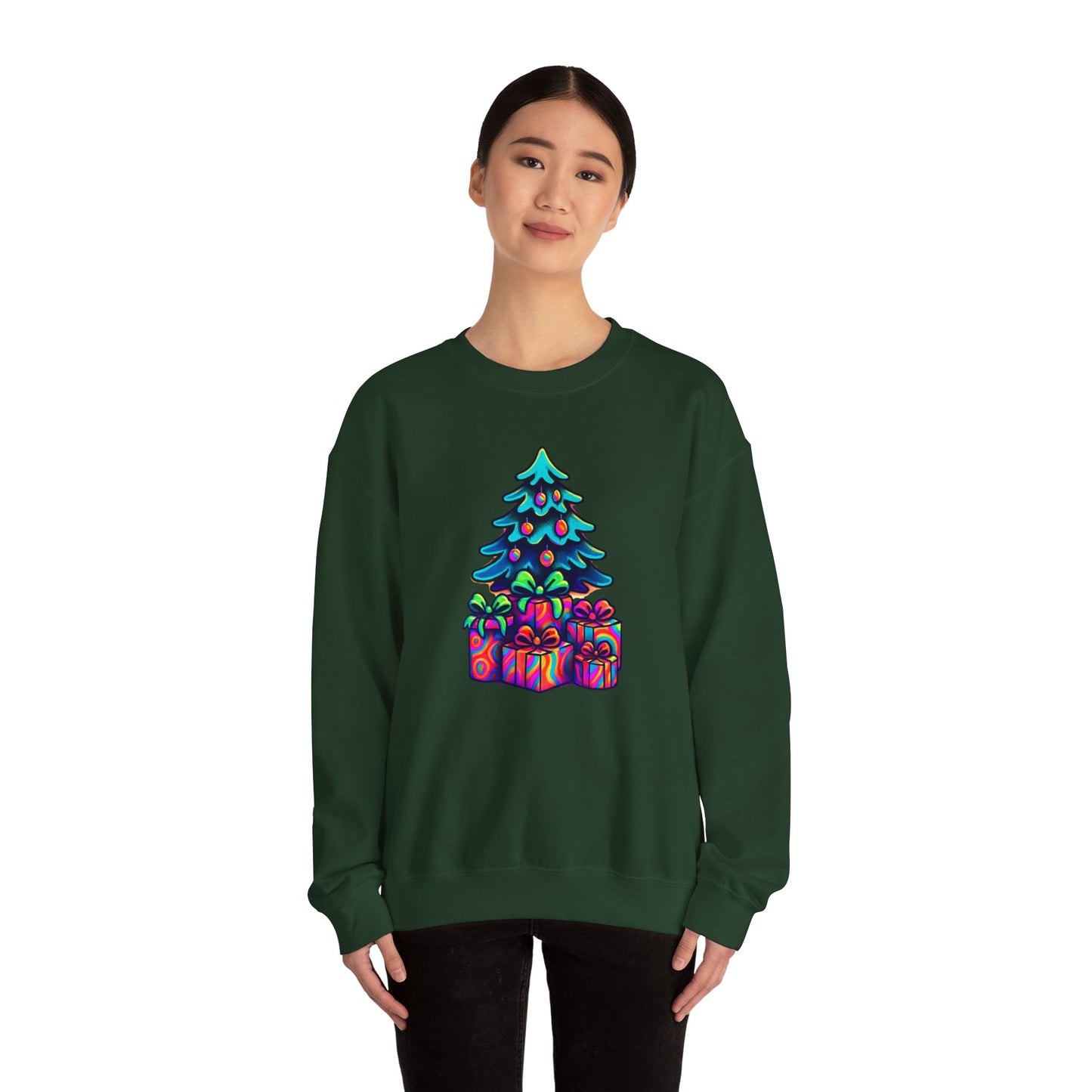Psychedelic Christmas Tree Sweatshirt — Colorful Holiday Tree with Gifts Crewneck