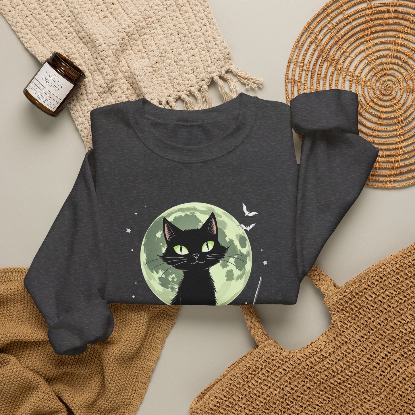 Black Cat Moon Crewneck Sweatshirt — Cute Witchy Cat Graphic