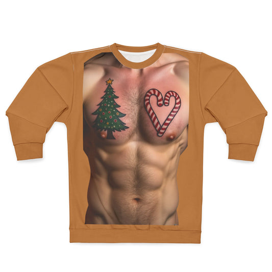 Christmas Tattoo Chest Ugly Sweatshirt — Candy Cane, Tree & Cookies Holiday Sweater