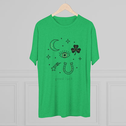 Good Luck Symbols Tee — Minimal Mystic Crescent, Eye, Horseshoe & Clover Graphic Shirt