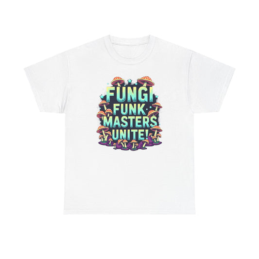 Fungi Funk Masters Unite Unisex Heavy Cotton Tee - Playful Mushroom Graphic T-Shirt - Psychonaut Swag