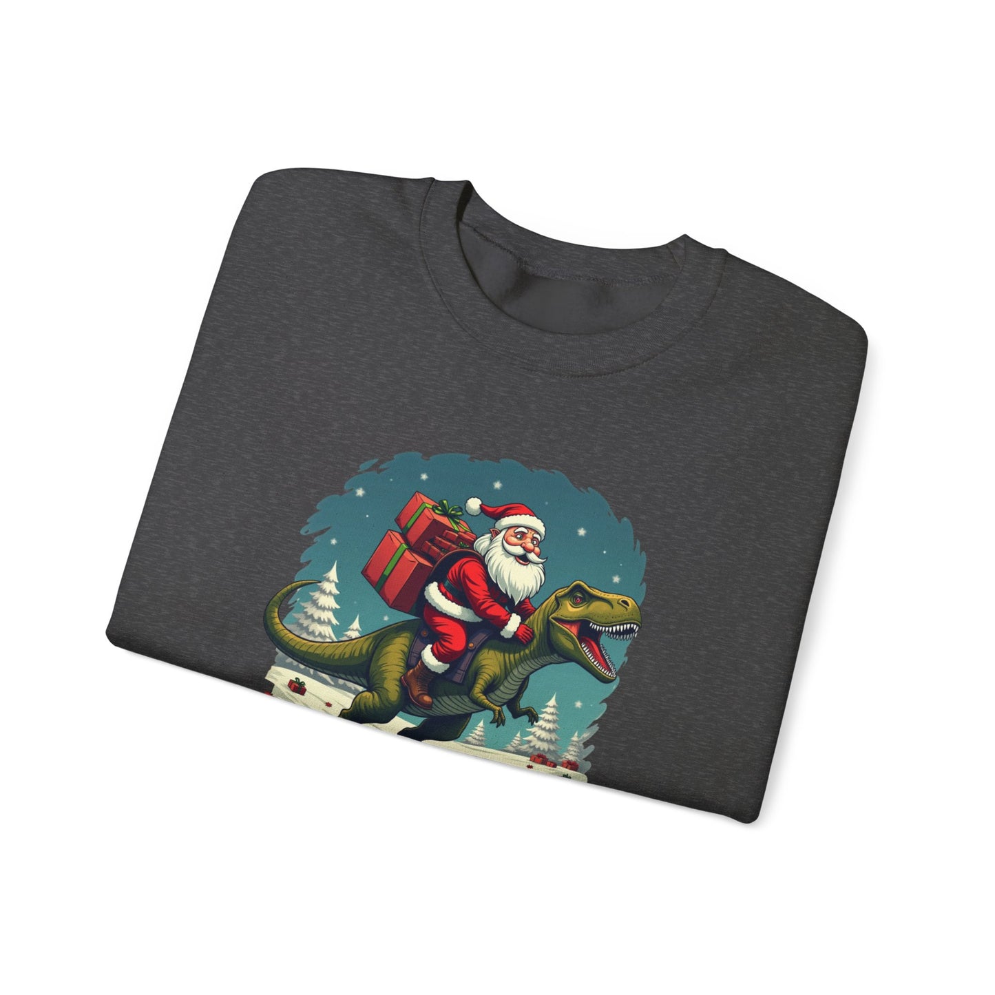 Santa Dashing through on a Dinosaur Sweatshirt — Santa Riding T-Rex Holiday Crewneck
