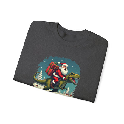 Santa Dashing through on a Dinosaur Sweatshirt — Santa Riding T-Rex Holiday Crewneck