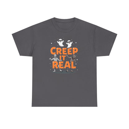 Creep It Real Unisex Heavy Cotton Tee, Halloween Shirt, Fall Apparel, Spooky Season, Ghost Theme, Unisex Casual Wear