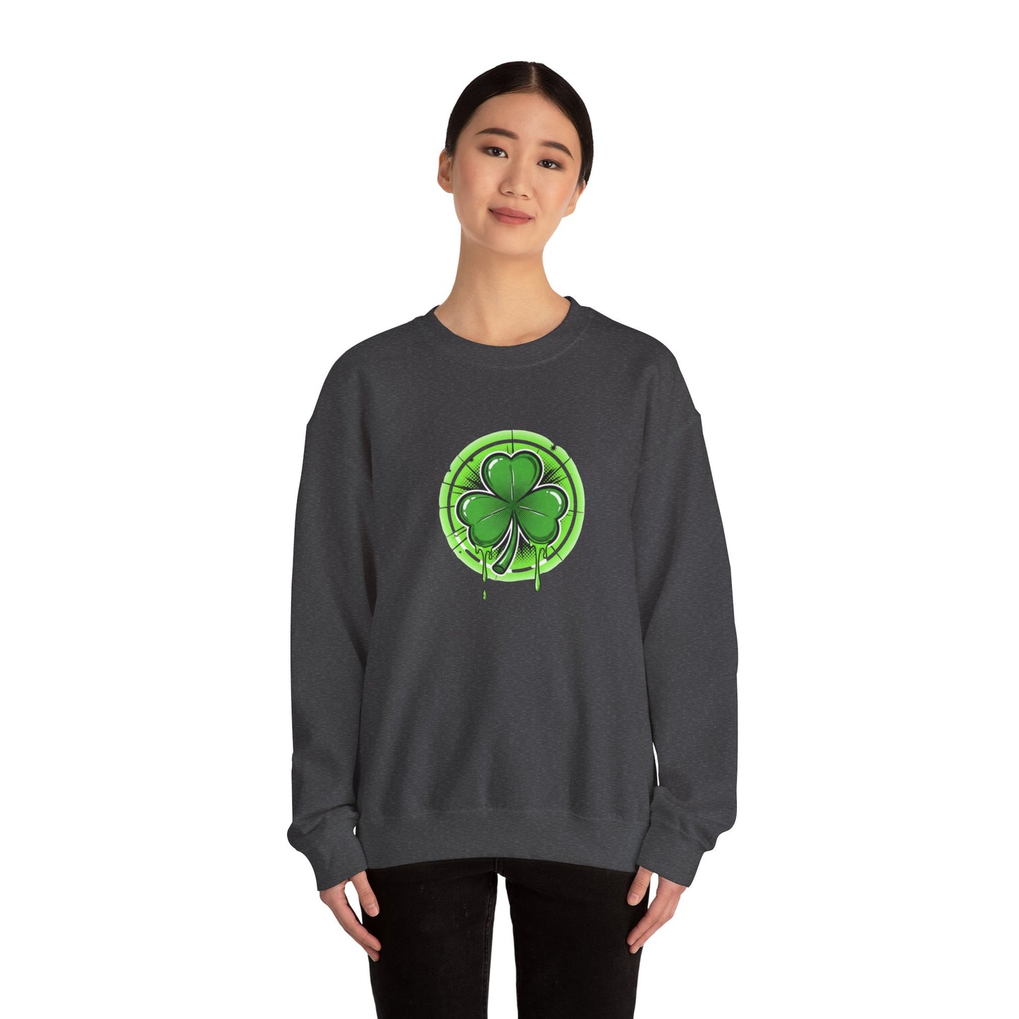 Oozing with Luck, Four-Leaf Clover Crewneck Sweatshirt — Neon Lucky Shamrock St. Patrick’s Day Pullover