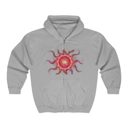 Sunburst Zip Hoodie — Vibrant Psychedelic Sun Graphic