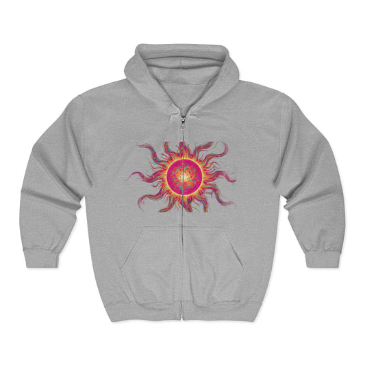 Sunburst Zip Hoodie — Vibrant Psychedelic Sun Graphic