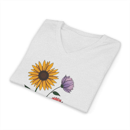 Floral Trio V-Neck Tee — Sunflower & Wildflower Botanical Graphic Shirt