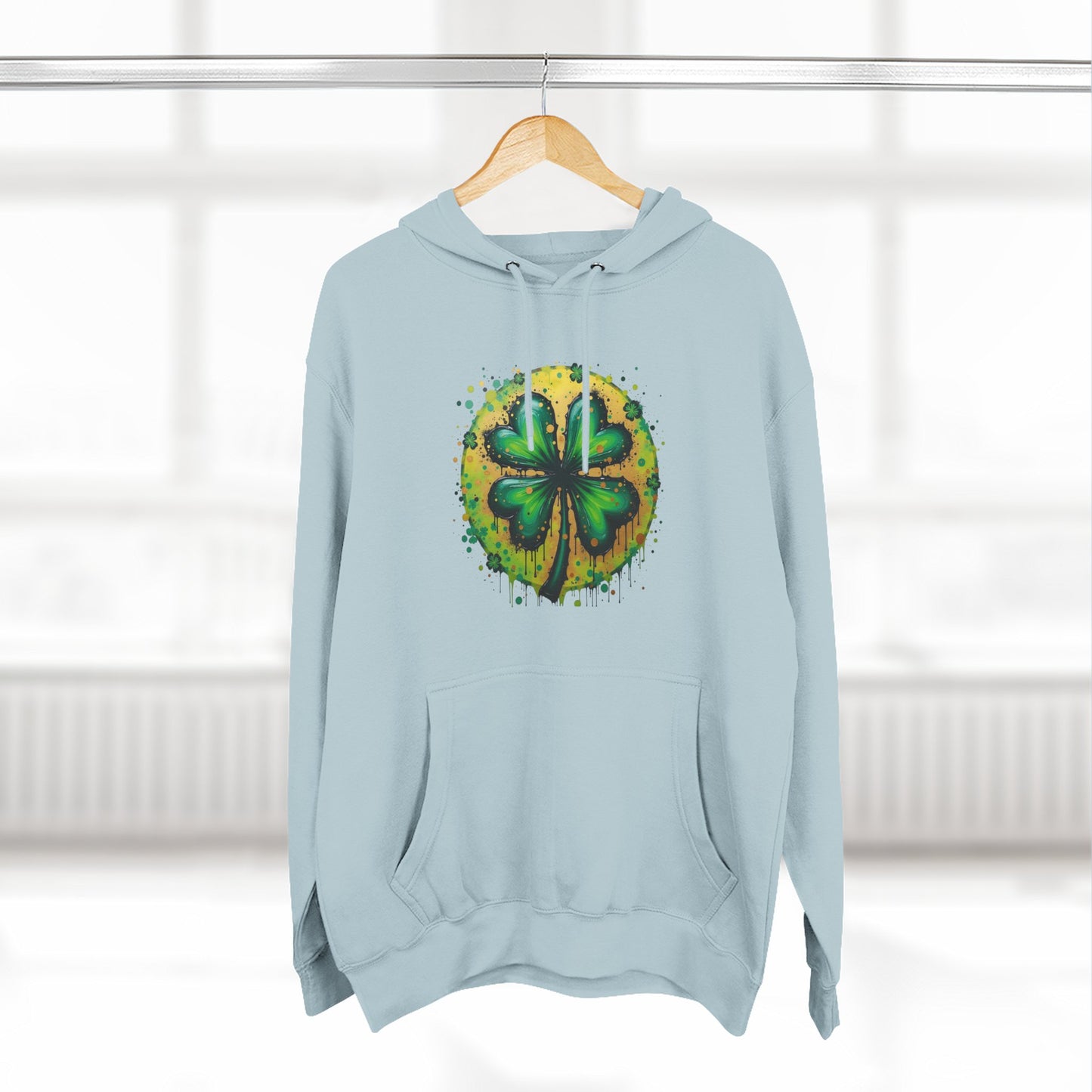 St. Patrick's Watercolor Shamrock Hoodie — Green Four-Leaf Luck Pullover
